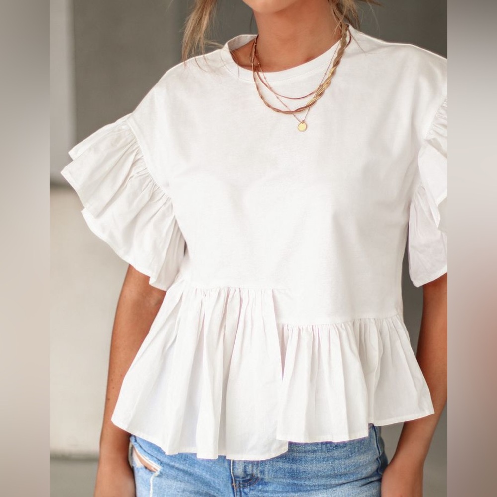 Zara White Ruffle Peplum Tee